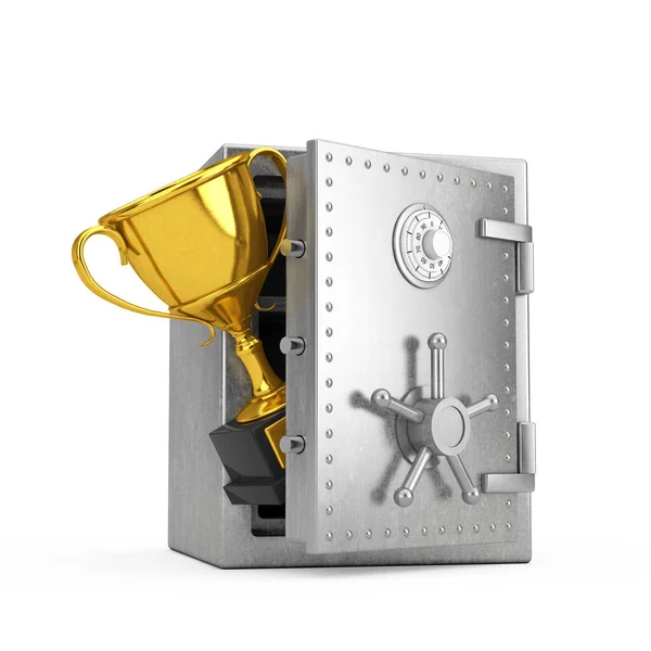 Steel Bank Vault Safe Mit Golden Award Trophy Auf Weißem — Stockfoto