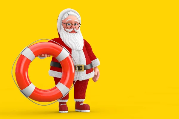 Cartoon Cheerful Santa Claus Granpa with Life Buoy on a yellow background. 3d Rendering
