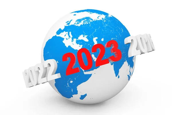 Новогодняя Концепция Номер 2023 Вокруг Земного Шара Белом Фоне Рендеринг — стоковое фото