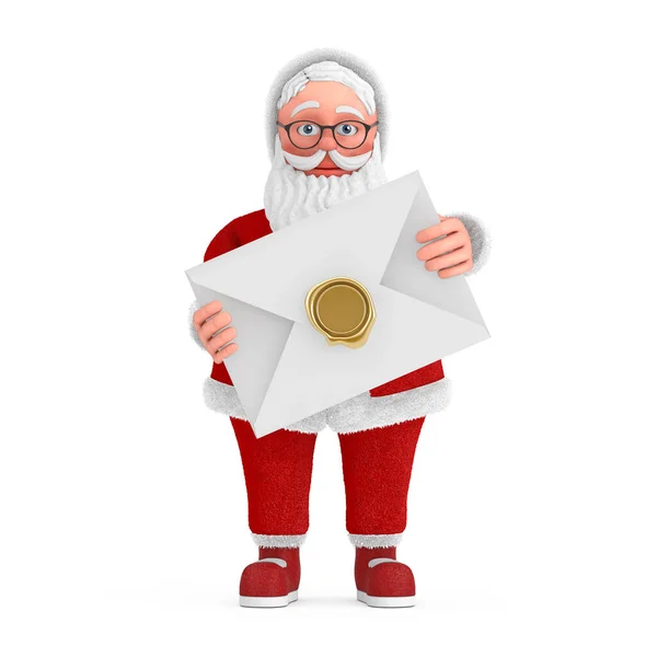 Cartoon Fröhlicher Weihnachtsmann Granpa Mit Weißem Umschlag Auf Weißem Hintergrund — Stockfoto