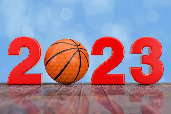 Sinal Ano Novo 2023 Com Bola Basquete Uma Mesa Madeira — Fotografia de Stock
