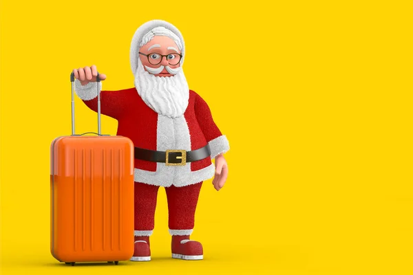 Cartoon Cheerful Santa Claus Granpa Orange Travel Suitcase Yellow Background — Stock Photo, Image