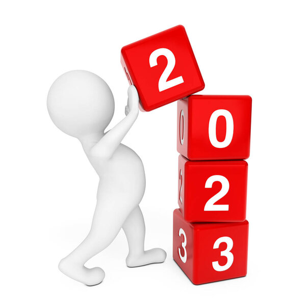 New 2023 Year Concept. Person Placing 2023 New Year Cubes on a white background. 3d Rendering
