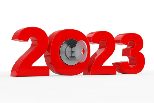 Nieuw 2023 Jaar Teken Met Sleutel Een Witte Achtergrond Rendering — Stockfoto