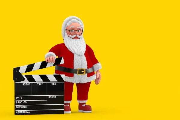 Cartoon Cheerful Santa Claus Granpa with Movie Clapper Board on a yellow background. 3d Rendering