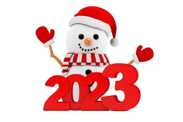 Snowman in Santa Claus Hat Character Mascot with New Year 2023 Sign on a white background. 3d Rendering