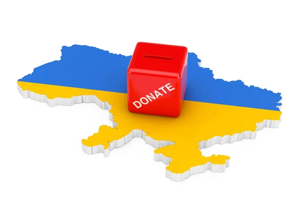 Κόκκινο Κουτί Δώρου Πάνω Από Την Ουκρανία Χάρτης Σημαία Λευκό — Φωτογραφία Αρχείου