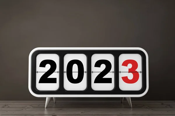Retro Flip Clock with 2023 New Year Sign on a wooden table. 3d Rendering