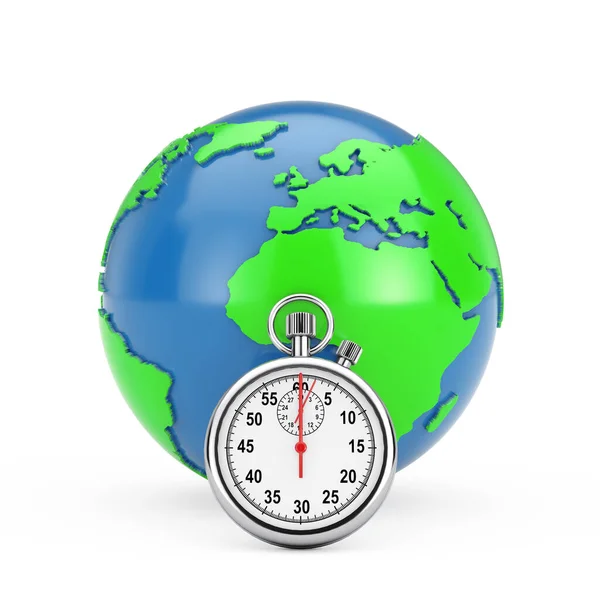 Globe Terre Avec Chronomètre Sur Fond Blanc Rendu — Photo
