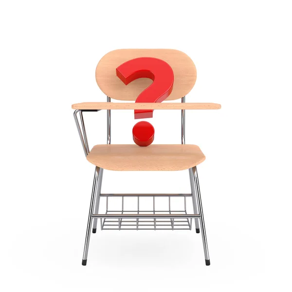 赤の質問白い背景に椅子とマークと木製の講義学校や大学の机のテーブル 3Dレンダリング — ストック写真
