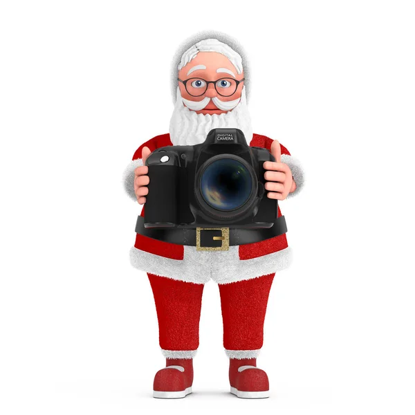 Kreskówka Wesoły Santa Claus Granpa Nowoczesną Cyfrową Kamerą Fotograficzną Białym — Zdjęcie stockowe