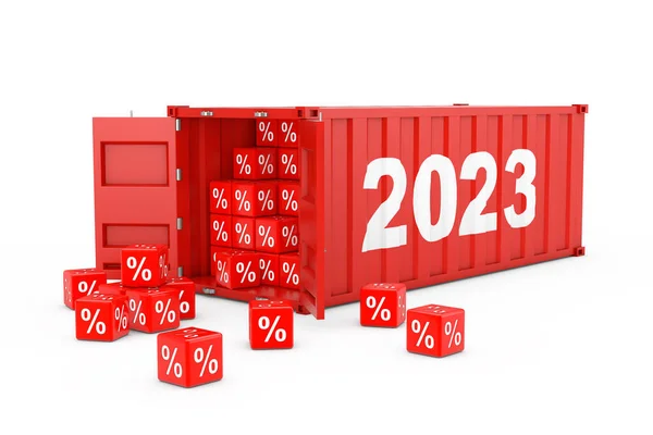 2023 Νέο Έτος Red Cargo Shipping Container Έκπτωση Κύβους Λευκό — Φωτογραφία Αρχείου