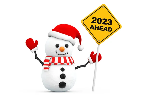 Snowman with 2023 New Year Ahead Sign on a white background. 3d Rendering