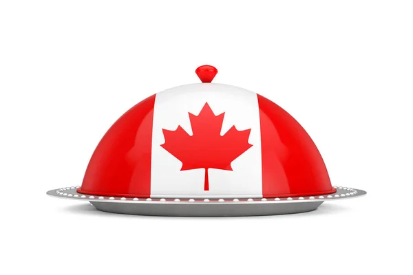 カナダ料理の概念 白地にカナディアンフラッグのあるシルバープレートとフードカバーレストランクロッシュ 3Dレンダリング — ストック写真