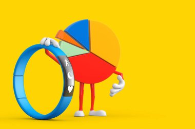 Sarı arka planda mavi spor takip cihazı olan Info Grafik İş Turtası Çizelgesi Karakteri. 3d Hazırlama 