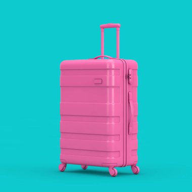 Seyahat Tatil Konsepti. Duotone Style 'daki büyük modern lüks plastik pembe çanta mavi arka planda. 3d Hazırlama 