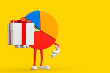 Bilgi Grafikleri, İş Turtası Çizelgesi, Hediye Kutusu ve Kırmızı Kurdele 'ye sahip kişi sarı arka planda. 3d Hazırlama 