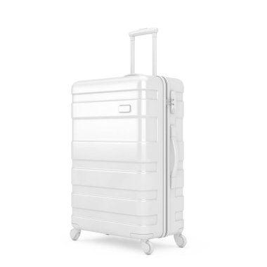 Seyahat Tatil Konsepti. Büyük Modern Lüks Plastik Gri Bavul, beyaz arka planda Clay Style. 3d Hazırlama 