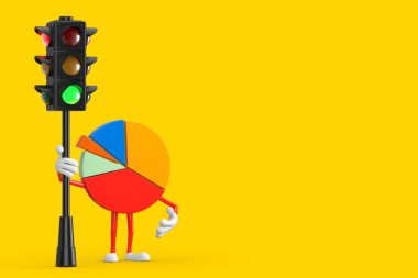 Bilgi Grafikleri İş Turtası Çizelgesi Karakteri Sarı zemin üzerinde Trafik Yeşil Işığı olan kişi. 3d Hazırlama 