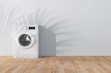 Soyut Boş Oda 'daki Beyaz Modern Çamaşır Makinesi çok yakın plan. 3d Hazırlama