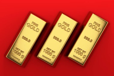  Bank or Financial Concept. Three Golden Bars on a red background. 3d Rendering  clipart