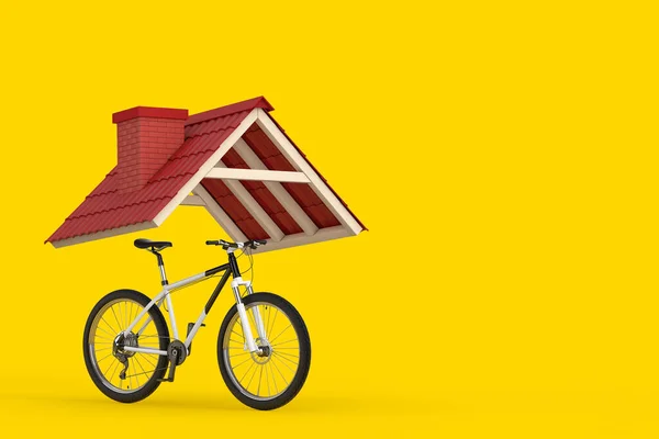 Bicicleta Montanha Preto Branco Sob Telhado Telha Vermelha Fundo Amarelo — Fotografia de Stock