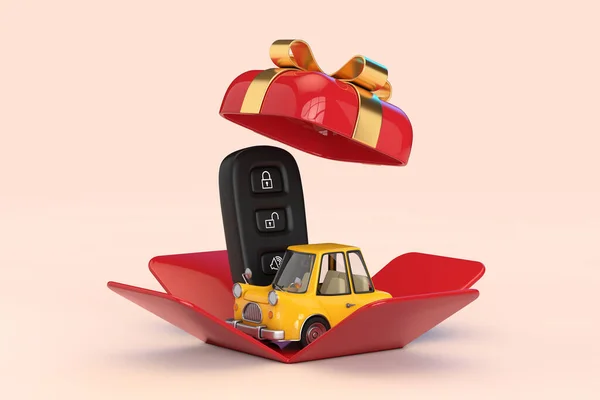 Car Alarm Remote Control with Yellow Cartoon Car in Opened Red Gift Box with Golden Ribbon on a pink background. 3d Rendering
