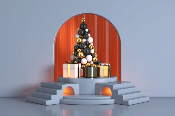 Bolas Oro Forma Árbol Navidad Cajas Regalo Podio Promoción Del — Foto de Stock