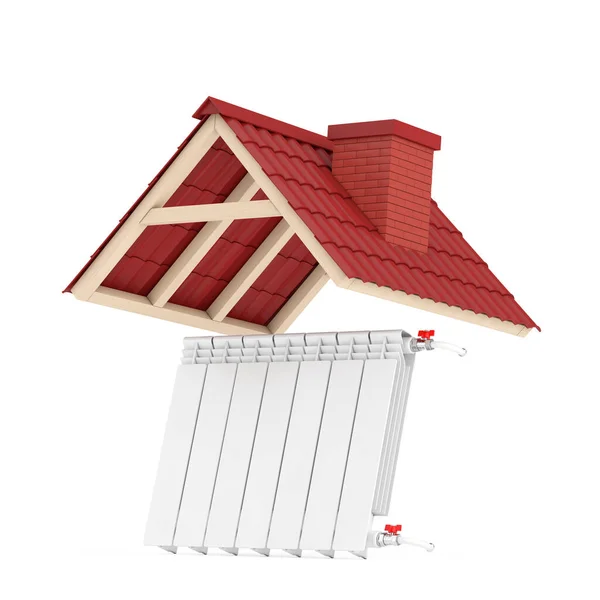 白い背景に赤い瓦の屋根の下に白い近代的な加熱ラジエーター 3Dレンダリング — ストック写真