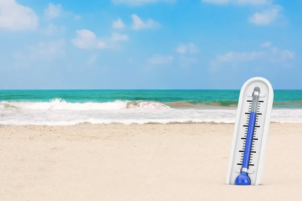 Outdoor Thermometer on a Summer Sand Beach Background extreme closeup. 3d Rendering