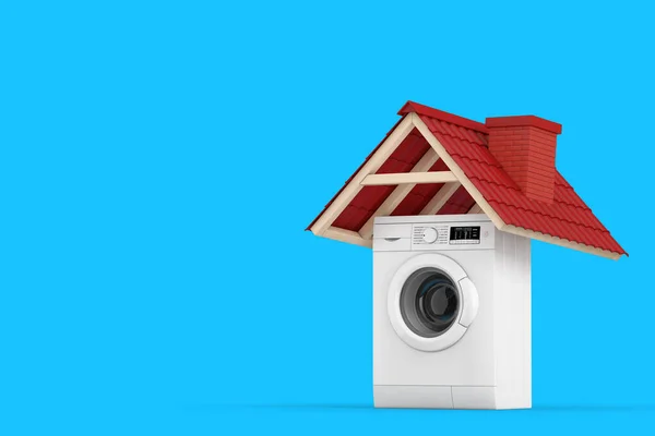 Kırmızı Kiremit Çatı Altındaki Beyaz Modern Çamaşır Makinesi Mavi Arka — Stok fotoğraf