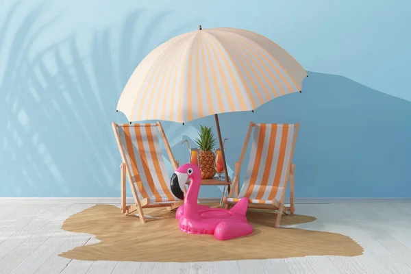 Beach Chair Umbrella Rubber Flamingo Písek Abstraktní Prázdné Místnosti Extrémní — Stock fotografie