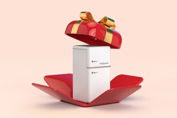 白色稀有冷冻机在打开的红色礼品盒与金色带粉红背景 3D渲染 — 图库照片