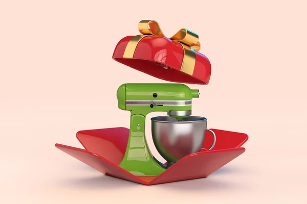 Grüner Küchenstand Food Mixer Geöffneter Roter Geschenkbox Mit Goldenem Band — Stockfoto