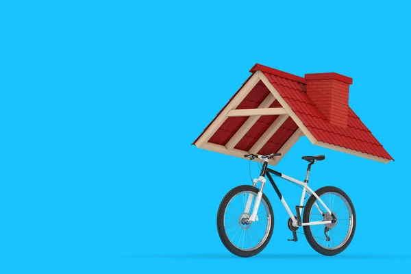 Bicicleta Montanha Preto Branco Sob Telhado Telha Vermelha Fundo Azul — Fotografia de Stock