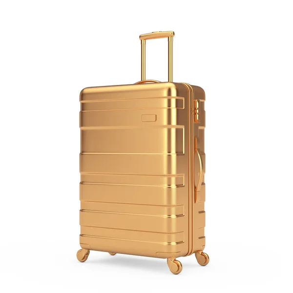 旅行休暇のコンセプト 白を背景にビッグモダン高級プラスチックゴールデンスーツケース 3Dレンダリング — ストック写真