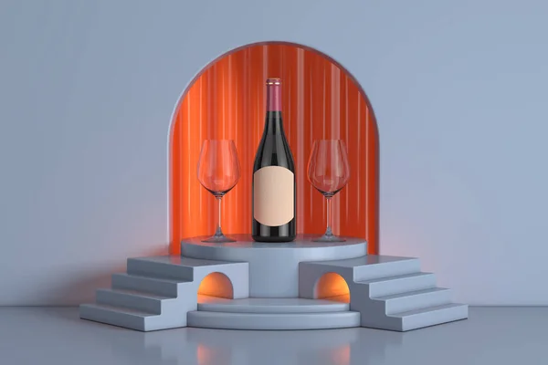 Two Glasses Wine Bottle Blank Label Mockup Your Design Blue — Stock Photo, Image