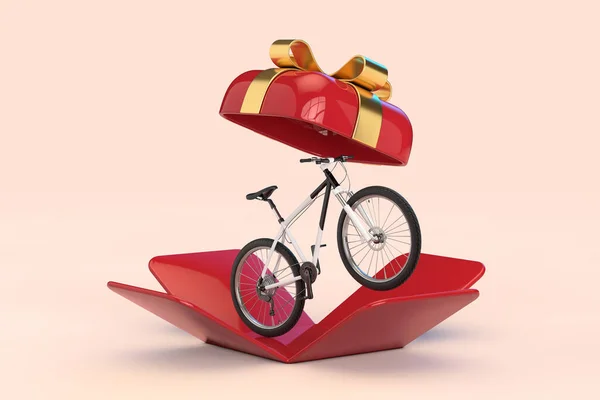 黑色和白色山地自行车在开放的红色礼品盒与金色带粉红背景 3D渲染 — 图库照片