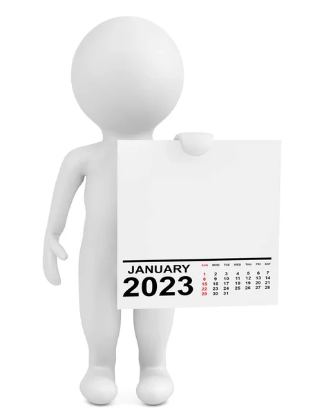 Character Holding Calendar Styczeń 2023 Rok Białym Tle Renderowanie — Zdjęcie stockowe