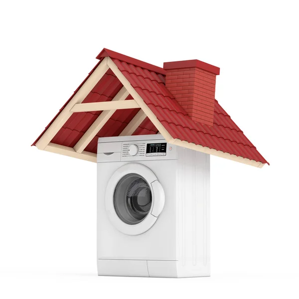 Witte Moderne Wasmachine Onder Rode Tegel Dak Een Witte Achtergrond — Stockfoto