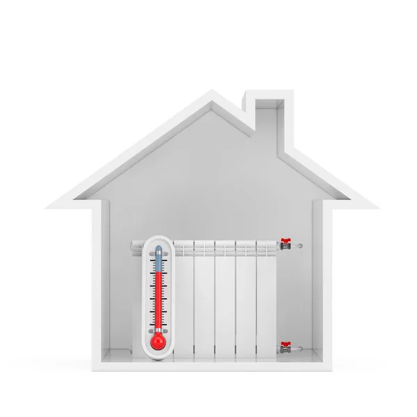Termometro Esterno Con Radiatore Riscaldamento Moderno Abstract House Building Sfondo — Foto Stock