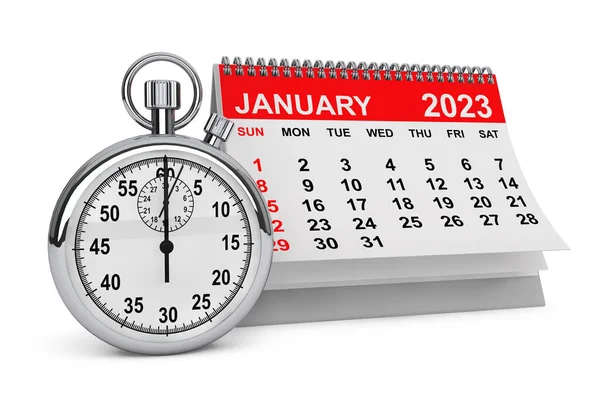 2023 Január Naptár Stopwatch Fehér Alapon Renderelés — Stock Fotó