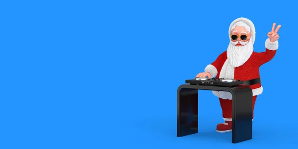 卡通快乐的圣诞老人奶奶Dj和Dj在蓝色背景下演奏音乐 3D渲染 — 图库照片