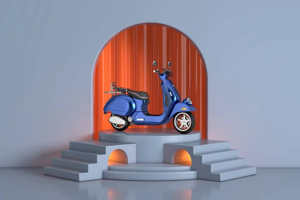 蓝色现实主义气缸产品促销台架的经典复古或电动车与拱形窗工作室 步进极端特写 3D渲染 — 图库照片
