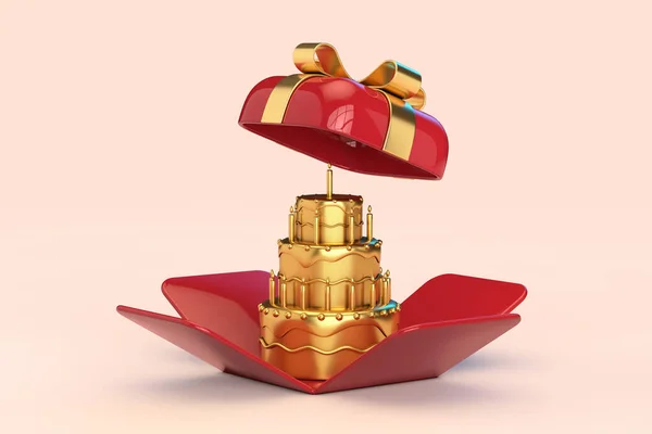 Abstract Golden Cake in Opened Red Gift Box with Golden Ribbon on a pink background. 3d Rendering
