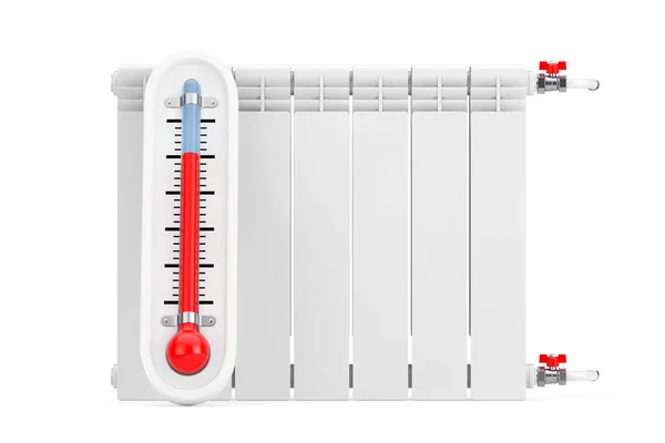 白い背景に近代的な加熱ラジエーターと屋外温度計 3Dレンダリング — ストック写真