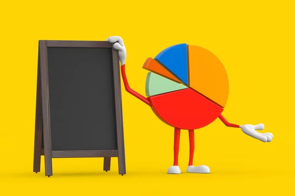 Info Graphics Business Pie Chart Character Person with Blank Wooden Menu Blackboards Outdoor Display on a yellow background. 3d Rendering