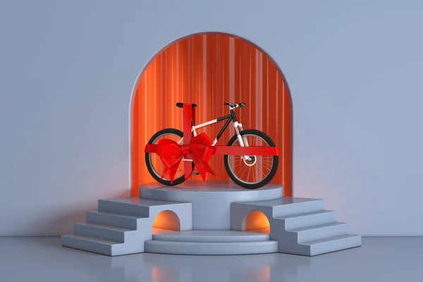 Bicicleta Montanha Preta Branca Com Fita Vermelha Como Presente Pódio — Fotografia de Stock