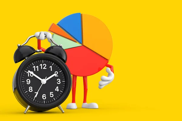 Info Graphics Business Pie Chart Character Person with Alarm Clock on a yellow background. 3d Rendering