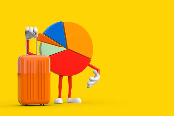 情報グラフィックビジネスパイチャート黄色の背景にオレンジ旅行のスーツケースを持つ人物 3Dレンダリング — ストック写真